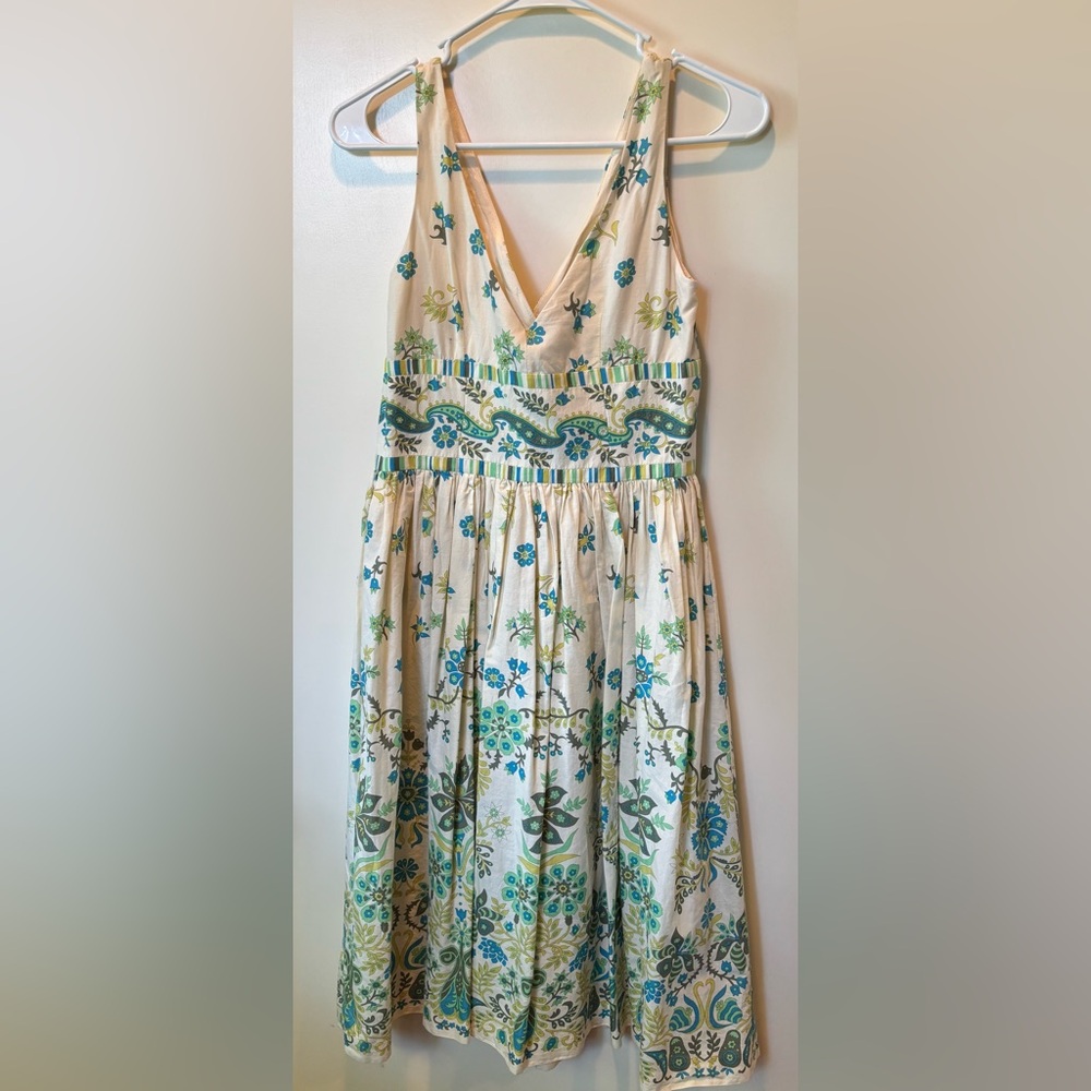 Maggy London Cream Blue Ruched V-Neck Sundress